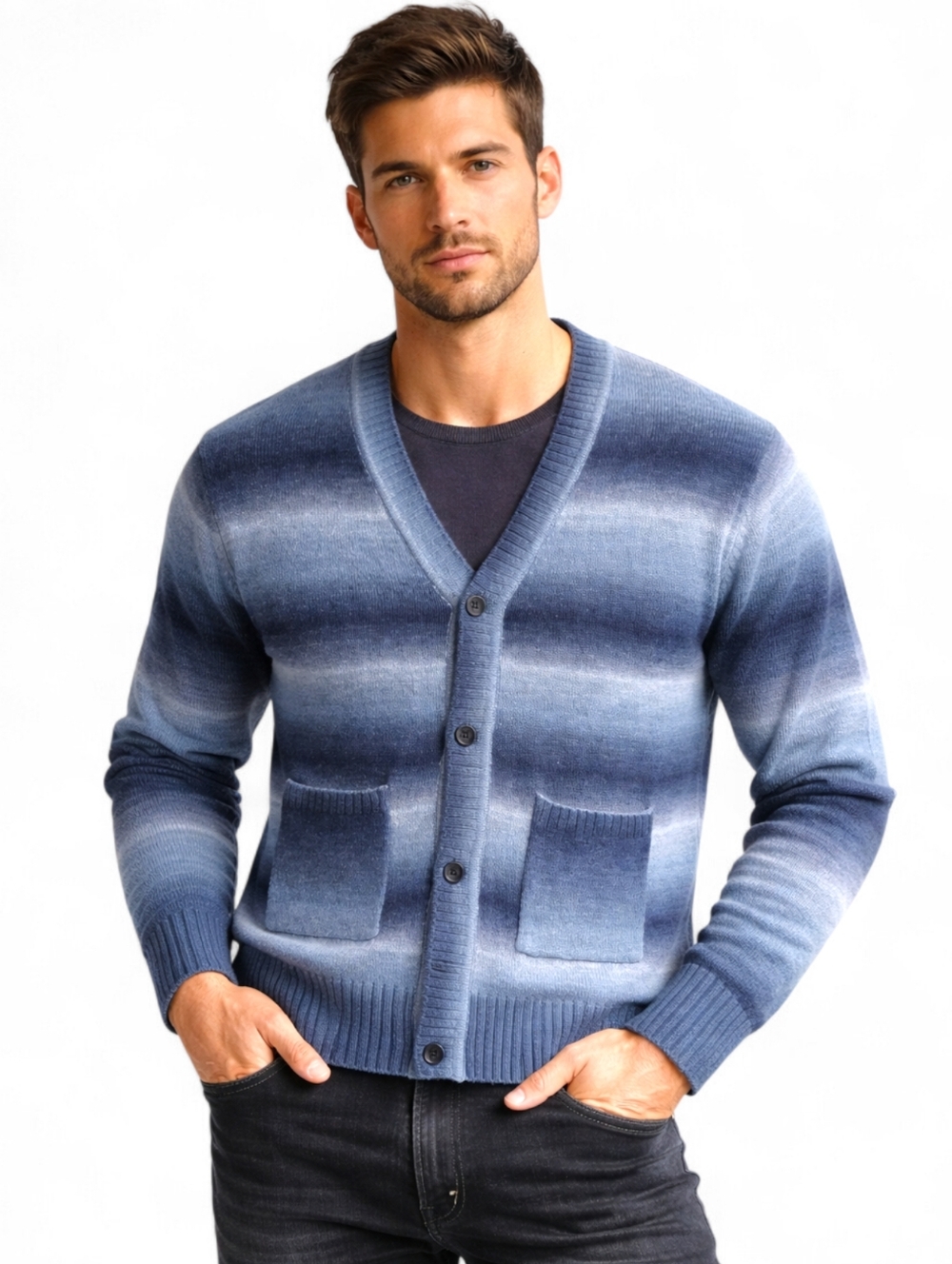 Men's Cardigan Gradient Striped Sweater